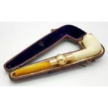 An Antique Meerschaum Smoking Pipe - Featuring a White Block Mineral Bowl with Gold Rim, a Gold