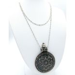 A Striking 925 Sterling Silver Large Medallion Pendant Necklace. Featuring a circular pendant with