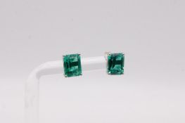Emerald Shape Emerald Green 4.3 Carat Earrings 18K White Gold