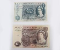 British, Bank of England, Fforde, Ten and Five Pounds, B316 A88 237905, B312 T80 795731, ten with '
