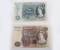 British, Bank of England, Fforde, Ten and Five Pounds, B316 A88 237905, B312 T80 795731, ten with '