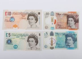 British, Bank of England, Cleland, Ten Pounds and Five Pounds, AA01 212581 and AA01 265305, with