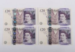 British, Bank of England, Bailey, twenty Pounds, First Run consecutive, AA01 817529 - 32, UNC, (4)