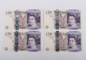 British, Bank of England, Bailey, twenty Pounds, First Run consecutive, AA01 817529 - 32, UNC, (4)