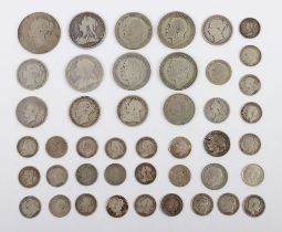 A group of mostly 19th century GB silver coins, including 1826 Shilling, 1870, 1891, 1896 Shillings,