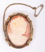 A yellow metal cameo brooch, an unclear mark, probably 9ct, 35mmHx30mmW, 11.17g