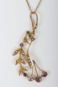 A 9ct amethyst and seed pearl pendant necklace, 3.11g