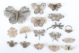 A number of silver and metal filigree butterflies and insect broochess, largest 72mm, (17) note: not