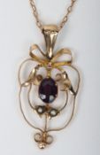 A 9ct amethyst and seed pearl pendant necklace on 9ct chain, 12mmW, total weight 2.74g,
