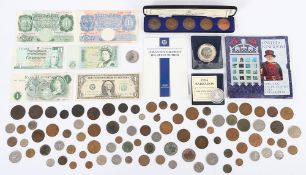 A selection GB coins including a 1995 Barbados (.500) Silver Dollar, 1994 BUNC set, George II