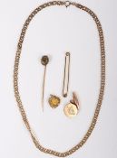A 9ct chain, 9ct cufflink, 9ct pin, 19.06g, with unmarked pin and locket, (5)