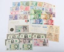 Selection of banknotes, including Dollars and Pounds, Zimbabwe, Somerset One Pounds, South Africa,