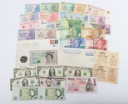 Selection of banknotes, including Dollars and Pounds, Zimbabwe, Somerset One Pounds, South Africa,
