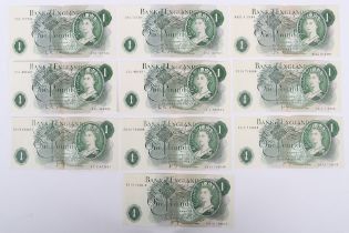 10x Page One Pound banknotes, with a run of sequestial numbers, all creased otherwise VF