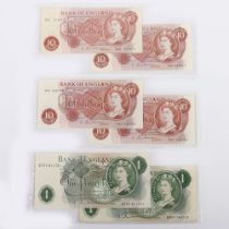 British, Bank of England, Hollom, One Pound, Ten Shillings, B292 D70T 611721, B288 First Series B86N