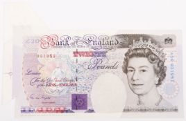 ERROR, British, Bank of England, Gill, Twenty Pounds, 1991, extra paper fishtail, B358 A36 901951,