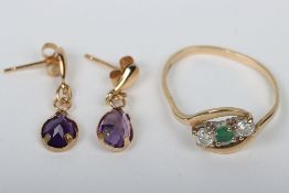 A pair of 9ct amethyst earrings, with a 9ct ring, total weight 1.68g, (3)