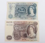 British, Bank of England, Page, Ten and Five Pounds, B326 B49 017883, B334 20E 866745, UNC, (2)