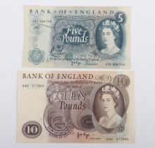 British, Bank of England, Page, Ten and Five Pounds, B326 B49 017883, B334 20E 866745, UNC, (2)