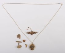 A group of 9ct items, including brooch, locket, chain, cuff link, total weight 16.2g