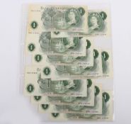 British, Bank of England, Fforde, One Pound consecutive, B305 S96C 276081-90, one with staining