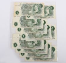 British, Bank of England, Fforde, One Pound consecutive, B305 S96C 276081-90, one with staining