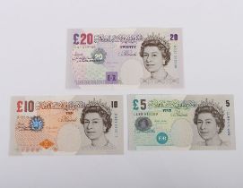 British, Bank of England, Lowther, Twenty, Ten and Five Pounds, B386 DD32 352268, B390 BH21