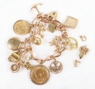 A 9ct gold charm bracelet, with a 1937 Sovereign and 1906 Half Sovereign, the chain and charms