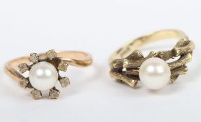 A 9ct pearl ring, with a plated ring, 9ct ring 2.9g, (2)