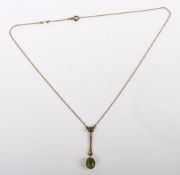 A 9ct gold peridot drop necklace, 3g
