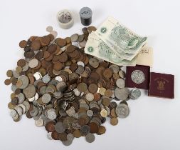 A selection of GB and world coins and banknotes, including USA, Spain, France, with a consecutive