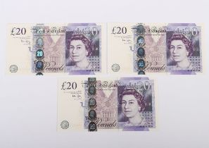 British, Bank of England, Bailey, Twenty Pounds, First Run consecutive, B405, AA01 359560 - 62, UNC,