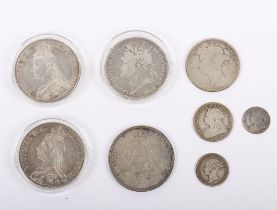 Good selection of Georgian and Victoria silver coins, including 1822 Crown, 1889 Crown, 1890