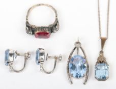 A 9ct gold aquamarine pendant necklace, stone 9mmLx7mmW and 3.2g, with a pair of aquamarine and