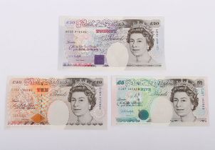 British, Bank of England, Kentfield, Twenty, Ten and Five Pounds, B375 BD30 949130, B369 DJ64