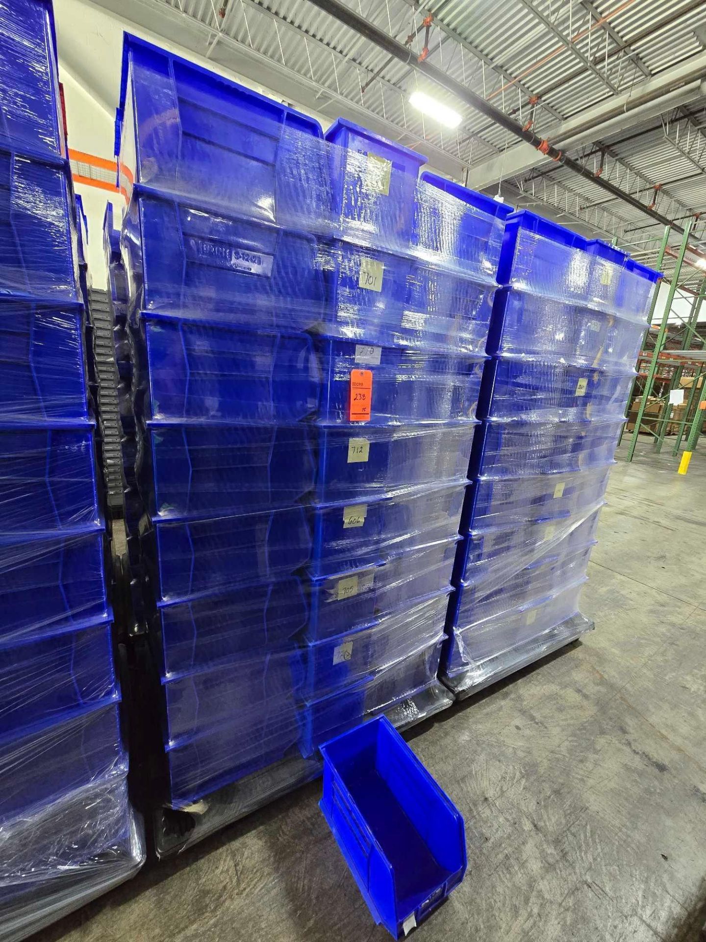 Uline Blue Racking Lot of +/- 45 Uline blue stackable storage bins 11 inches (W) X 18 ...
