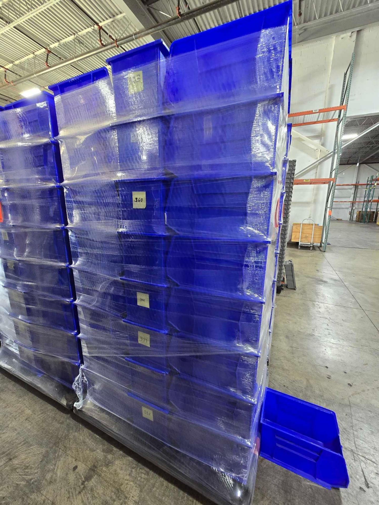 Uline Blue Racking Lot of +/- 45 Uline blue stackable storage bins 11 inches (W) X 18 ...
