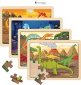 SYNARRY Wooden Dinosaur Jigsaw Puzzles for Kids Ages 3 4 5 6, 4 Packs 24 Piece Dino Puzzles, Presch