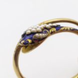 A Victorian seed pearl and blue enamel snake bangle, 6 cm wide Slight loss to the blue enamel