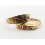 An 18ct gold and ruby ring, an 18ct gold ring, both out of shape, 3.3 g (2)