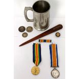 A British War Medal and Victory Medal pair, awarded to 78828 Pte F Bryan MGC, a pewter mug,