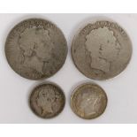 A George III crown, 1820, another crown, a shilling, 1875, and other assorted coins