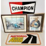 A metal sign, Champion (spark plugs), 25 x 48 cm, another sign, National Auto, 30 x 76 cm, and two
