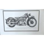 Assorted motorcycle posters and other artwork, including Harley-Davidson, Brough SS100 and