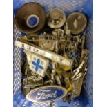 Assorted car badges, including Singer, Ford, others, a group of car badges and items (small box)