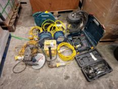 12 X MIXED TOOL LOT CONTAINING MAKITA LW14012 CHOP SAW , BOSCH HAMMER DRILL , MAC ALLISTER ANGLE GRI
