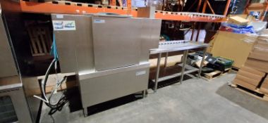STAINLESS STEEL WINTERHALTER STR COMMERCIAL RACK DISHWASHER WITH TRAY EXTENSION ROLLER TABLE
