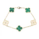 Van Cleef & Arpels Vintage Alhambra 5-Motif Malachite Diamond Bracelet, 18K (Yellow Gold), Diamond,
