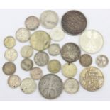 Qty of assorted mixed world and British coins all with silver content, some 19th century, 96.59g