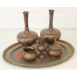Qty of assorted Middle Eastern enamelled brass items to inc a serving tray, a pair of vases and